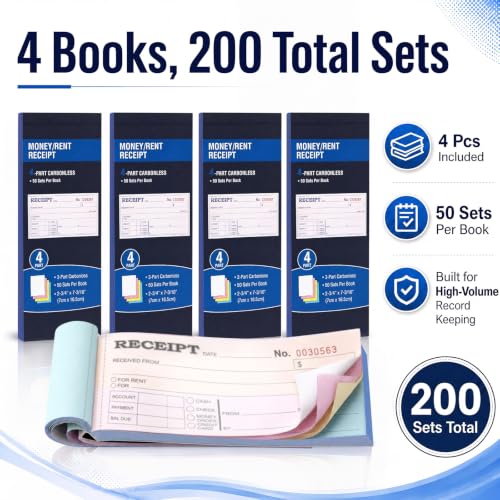 Money & Rent Receipt Book Set, 4-Part Carbonless, Consecutive Numbered 200 Sets (2-3/4 x 7-3/16 in) for Landlords & Small Businesses