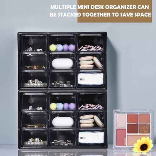 Rtteri 9 Pieces Mini Drawer Organizer Plastic Desktop Storage Box Desk Craft Organizer with 9 Clear Drawers for Office Home Jewelry Small Parts Belongings Cosmetics Collection, Wall Mounted (Black)