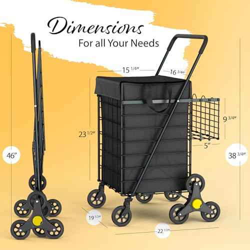 Stairs Climbing Shopping Cart w/Waterproof Basket Liner & 360¡Æ Swivel Wheels | Foldable Collapsible & Lightweight | Perfect for Groceries Laundry Utility Cart - Black
