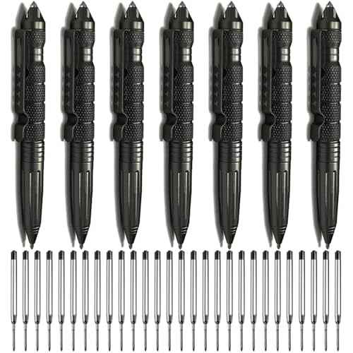 Origin-Joy 7 Pack Tactical Pens Self Defense, Military EDC Glass Breaker Pen for Men and Police, Heavy Duty Metal Pen with 28 Black Refills