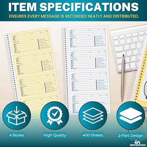 1InTheOffice Phone Message Book 2 Part Carbonless, 5.5" x 11", 2-Part Carbonless, 400-Set/Book - 4 Pack