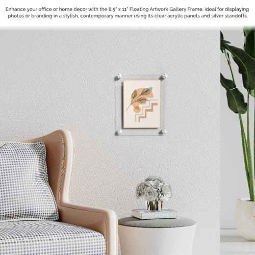 Wall Sign Holder Floating Clear Acrylic Wall Frame Holds 8.5 x 11 with Silver Standoffs Overall Dimensions 11.5" x 14" Peel Protective Film Art Gallery Lobby Directory Office by Marketing Holders