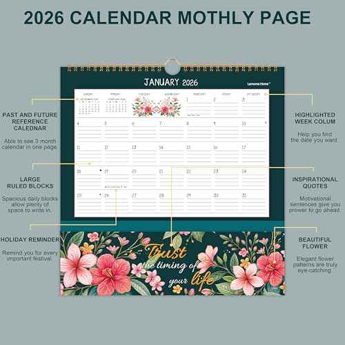 2026 Wall Calendar - 2026 Pocket Calendar, 11.7" x 11.7", 2026 Calendar with Pockets, Jan. 2026 - Dec. 2026, 2026 Wall Calendar 12 Month with One Pockets, Calendars for Office School Home, Golden Twin Wire Binding, Premium Paper - 12 Different Floral