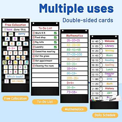 Daily Schedule Pocket Chart, 13+1 Pocket Visual Schedule Chart, 18 Double-Sided Blank Reusable Dry-Eraser Cards, Educational Schedule Charts for Classroom Homeschooling Toddlers-Black