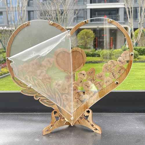Wedding Guest Book Alternative, Rustic Heart Shaped Wooden Guest Book with 100 Wooden Hearts Tree for Wedding Party Birthday, Personalized Wedding Decor with Guest Sign-In Box & Heart Frame for Photo