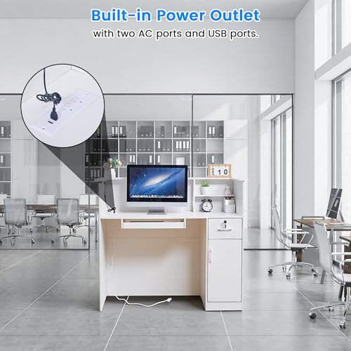50-Inch Modern Reception Desk with Lockable Drawer, Keyboard Tray, Built-In Power, LED Lights