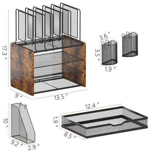 Piskyet Desk Organizer and Accessories, Wooden Desk File Organizer with Drawer,5 Vertical File Holders and 2 Pen Holders,Fancy Desktop Storage for Home Office