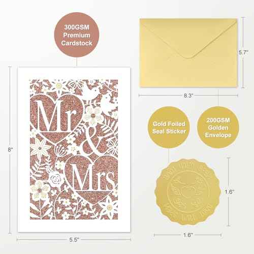D24TIME Wedding Card for Bride and Groom - Elegant Die-Cut Floral and Birds Design with Glitter Champagne Gold - Personalized Wedding Congratuations Card with Envelope and Sticker 5.5x8in