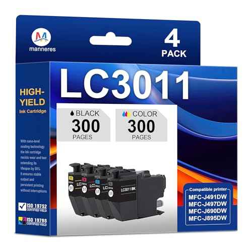 LC3011 Ink Cartridges 4 Pack Compatible for Brother LC3011 LC3013 for MFC-J497DW MFC-J491DW MFC-J895DW MFC-J690DW Printer, Black/Cyan/Magenta/Yellow