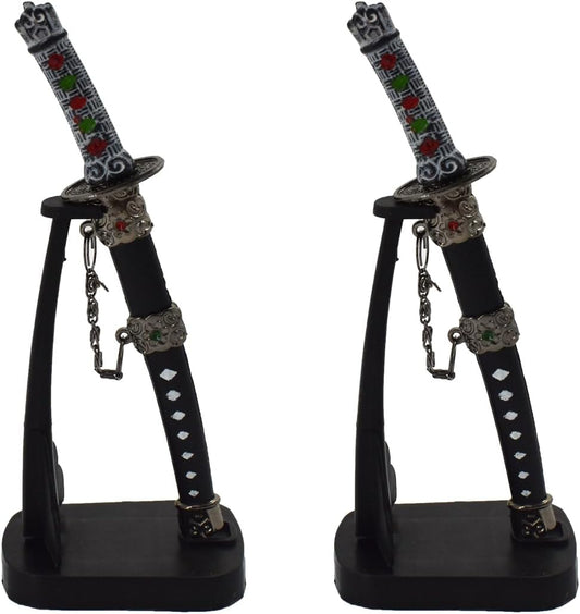 Skiennix Mini Japanese Samurai Katana Sword - 2-Piece Paper Knife Set with Black Scabbard & Display Stand