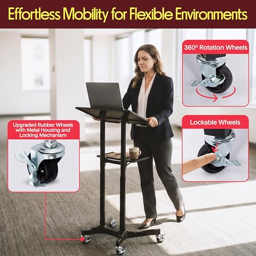 Pyle Black Lectern Podium Stand with Adjustable Height & LED Light Kit