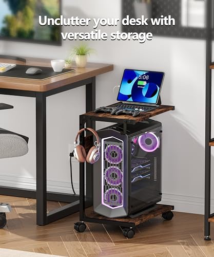 Akxomel Rustic Brown Computer Tower Stand with Charging Station — 11.8 x 16.5 x 23.2 in