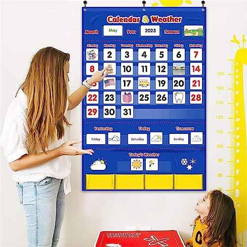 Godery Calendar and Weather Pocket Chart with 149 Cards, Kids Calendar for Classroom or Homeschool,Preschool Learning Activities Supplies, Kindergarten Must Haves (Blue)