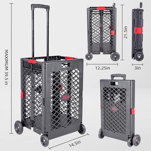 JJRING Mesh Rolling Utility Cart, Foldable Shopping Cart, Heavy Duty Utility Cart with Rolling Wheels for Groceries and Laundry