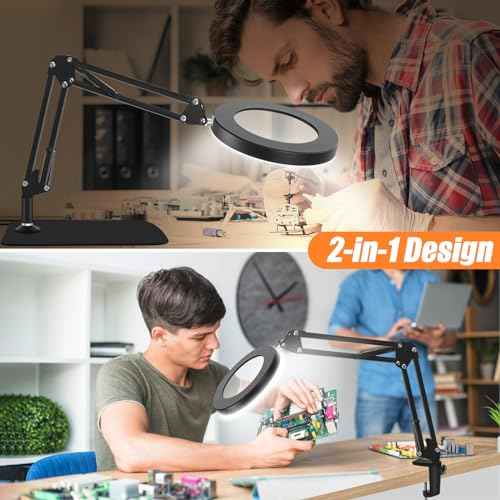 10X Magnifying Glass with Light and Stand, Dimmer Adjustable Swing Arm 2-in-1 Desk Lamp and Clamp, LED Lighted Desk Magnifier with Light for Craft Reading Repair Painting Close Work