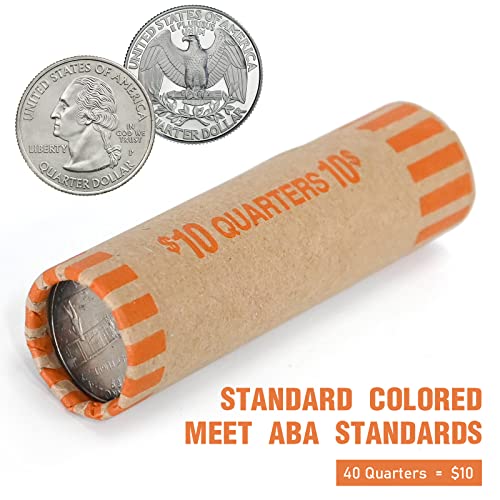 72 PCS Preformed Quarter Coin Wrappers Rolls - Orange ABA Standard, Durable Kraft Paper, Easy Seal, Bank-Grade Organization