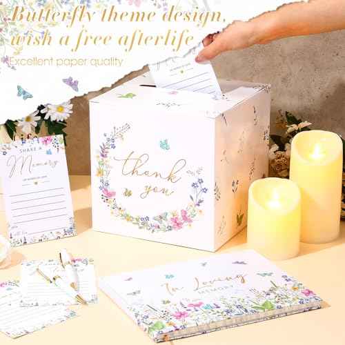 54 Pcs Funeral Guest Book for Memorial Service Celebration of Life Guest Book Hardcover in Loving Memory with 50 Memory Cards, Box, 2 Pens for Funeral Memorial Farewell Party Favor(Bright)