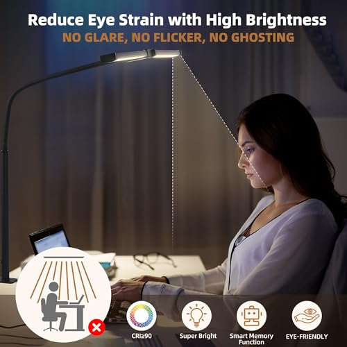 Led Desk Lamp for Home Office, Eye-Care Architect Light with Clamp, Smart Double Head Computer Monitor Table Clip Lamp, Adjustable Flexible Gooseneck, 25 Lighting Models, Task Lamp, Black