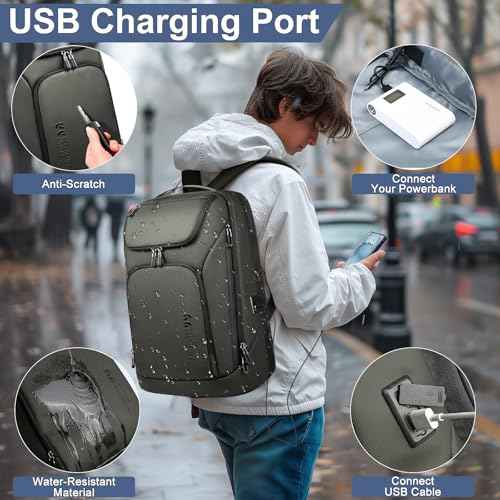 hk Business Smart Backpack for Men Anti-Theft for 17.3 Inch Laptop with USB Charging Port Water-Resistant Large Durable Compact 30L for Travel College Work-Green