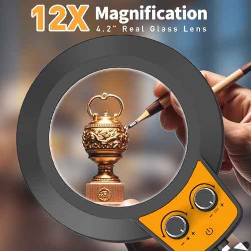 12X Magnifying Glass with Light and Stand, Infinite Color Modes & Stepless Brightness LED Magnifying Lamp with Clamp, 2-in-1 Hands Free Lighted Magnifier for Craft Reading Painting Hobby Close Work