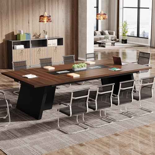 Tribesigns 8ft Conference Table, Modern Office Meeting Room Table with Cable Management, Large Business Seminar Furniture for Boardroom, Walnut and Black
