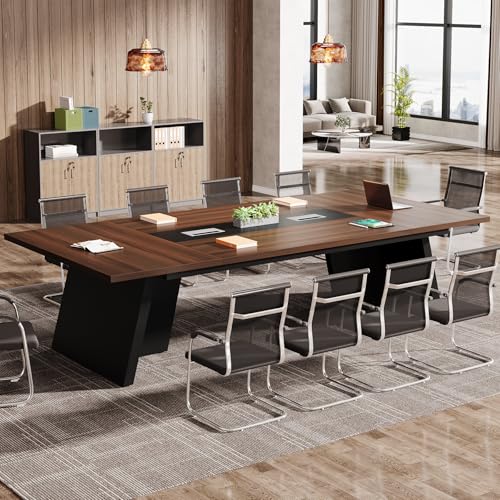 Tribesigns 8ft Conference Table Walnut & Black for 8-10 People - Modern Office Seminar Furniture with Cable Management, Model: Walnut + Black / 1