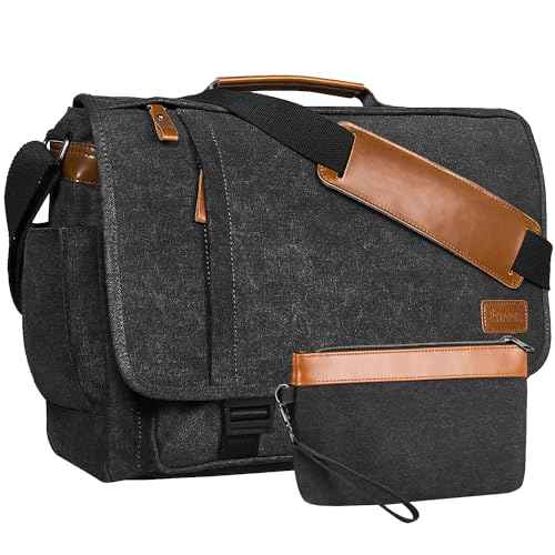 ESTARER Mens Messenger Bag 17-17.3 Inch Laptop Bag Water-resistant Canvas, College/Work/Travel Computer Shoulder Bag with Pencil Case Pouch, Dark Grey