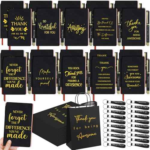 20 Sets Employee Appreciation Gifts Bulk Thank You Gift Bags Motivational Notebooks and Ballpoint Pens Sets Inspirational Keychains for Coworker Staff Teacher Office Team, Black