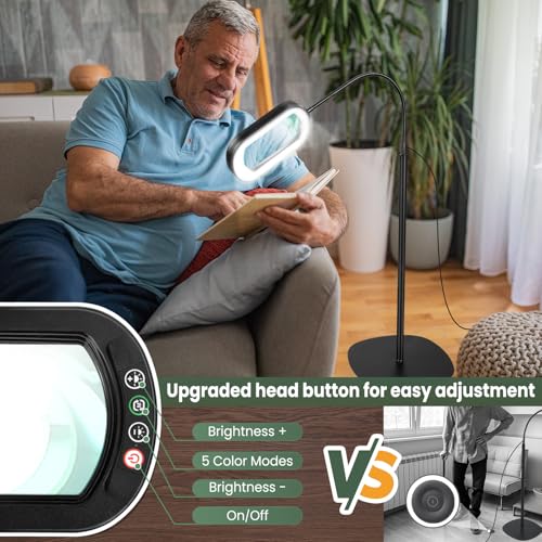 10X Rectangular Magnifying Glass with Light and Stand, 24" Flexible Gooseneck Floor Lamp, 3-in-1 LED 5 Color Modes, Brightness Stepless Dimmable Lighted Magnifier Hands Free for Craft, Hobby, Reading
