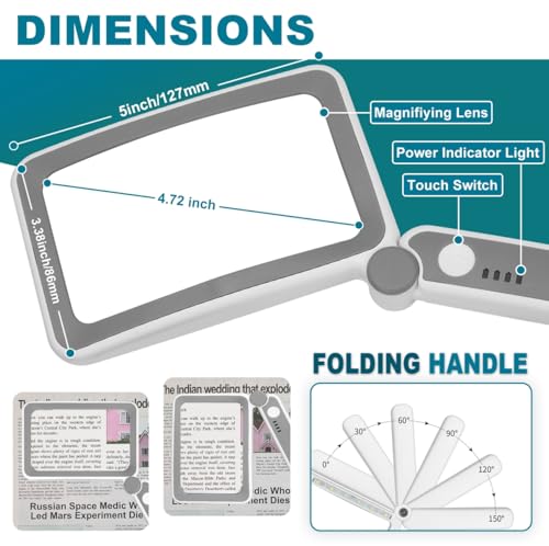 Tobegiga Rechargeable 6X LED Lighted Magnifying Glass for Reading Seniors Grey White