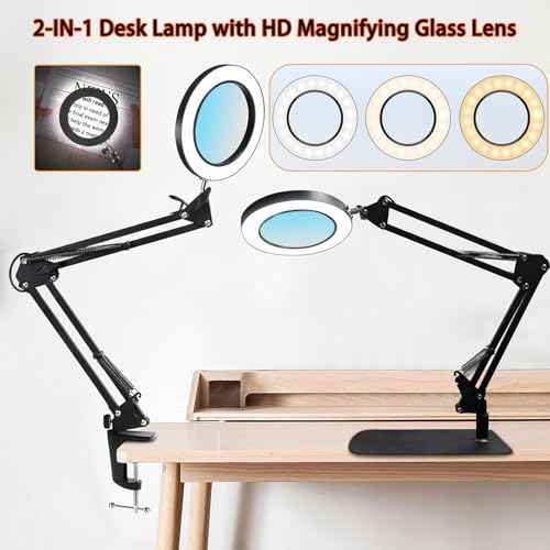 15X Magnifying Glass Lamp with Clamp and Stand, 72 LEDs Desk Lamp with 3 Color Temperatures and 10 Levels Adjustable Brightness for Diamond Art Accessories Hobbies Crafts Reading Close Work Magnifier