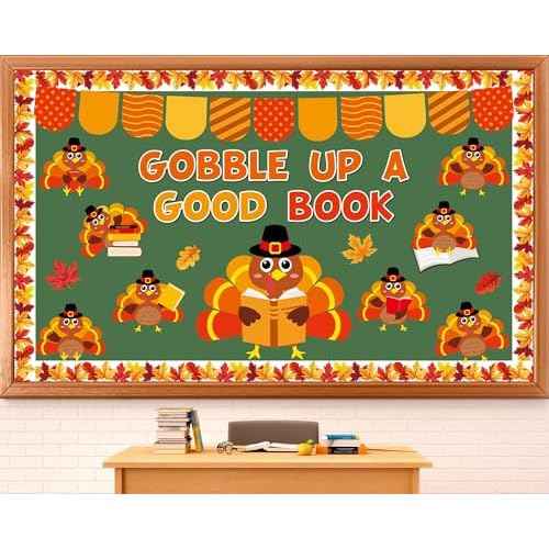 Thanksgiving Turkey Bulletin Board Classroom Decoration Fall Thanksgiving Turkey Reading Cutout Gobble Up A Good Book Bulletin Board Autumn Maple Leaves Cutouts for Home School Thankful Party Supplies