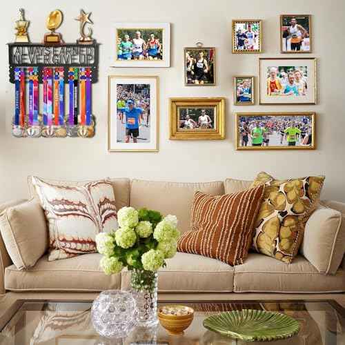 Upgraded Medal Display with Trophy Shelf & Ribbon Holder - Wall Mount Sports Medal Hanger with Motivational Words for Basketball, Gymnastics, Softball, Soccer, Swimming Awards