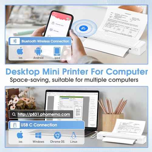 Odaro Portable Wireless Printer - P831 Thermal Transfer Printer, Small Business, School, Support 8.5" X 11" Copy Paper (Letter/A4/A5/B5), 300DPI - White