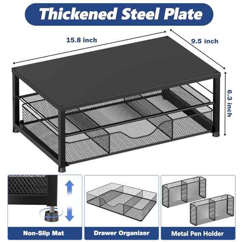 Desk Organizer and Accessories, 2-Tier Computer Monitor Stand Riser with Drawer and 2 Pen Holders, Laptop Stand, Office Desk Accessories for Office Supplies, Black