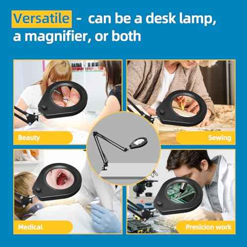 Magnifying Glass with Light and Clamp, 10X Real Glass / 2.5'' Opening Clamp/Lighted Magnifying Glass in 5-Color 10-Level Dimmable/Postioned by Swing Arm/for Close Work Hobbies Precision Tasks
