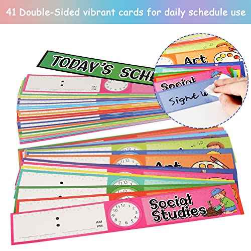Daily Schedule Pocket Chart Kit,40 Bright Attractive Double-Sided Reusable Erasable Cards,1 Title Card,13+1 Scheduling Pocket Chart with 2 Hangers for Classroom Office Home Preschool Learning (Black)