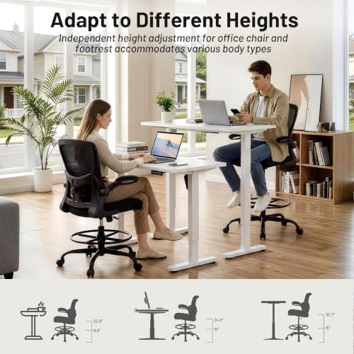 AreShark Black Drafting Chair - Ergonomic Tall Office Chair with Lumbar Support, Flip-Up Armrests, Breathable Mesh, Adjustable Foot Ring