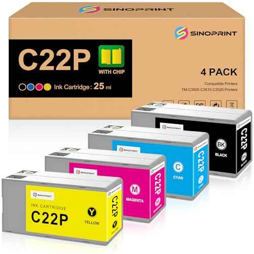 Remanufactured SJIC22P Pigment Ink Cartridge Kit Remanufactured Ink Replacement for Colorworks TM-C3500 TM-C3510 TM-C3520 (C33S020577, C33S020581, C33S020582, C33S020583)