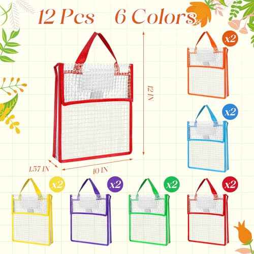 Teling 12 Pack Thick Mesh Clear Book Pouches for Classroom 10 x 12 x 1.57" Waterproof Library Pocket with 24 Blank Name Card Plastic Book Bag for Classroom School Student Office Organizer Supplies