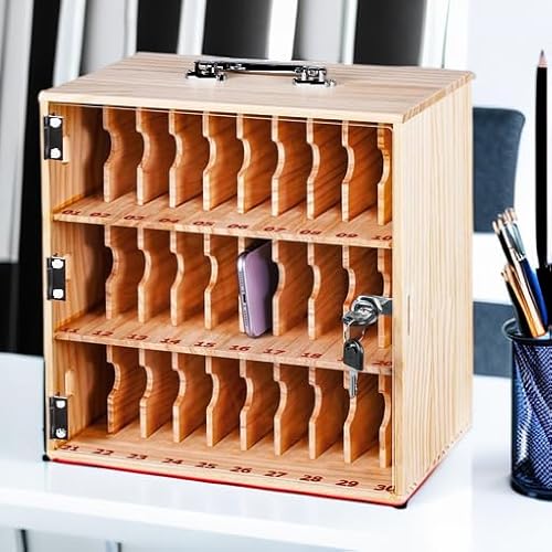 Wood Cell Phone Locker Box Cell Phone Storage Cabinet 30 Slots Cell Phone Lock Box for Office Classroom with Handle
