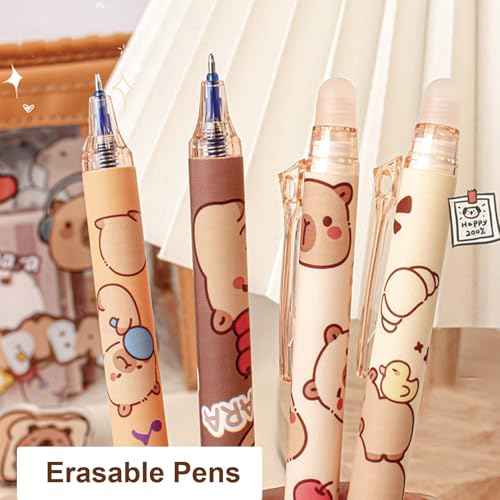6 Pcs Cute Erasable Retractable Pens - Erasable Gel Ink Pens with Cartoon Capybara Design, 0.5mm Fine Point Blue Ink, Perfect for Office, School, Women, Girls, Boys