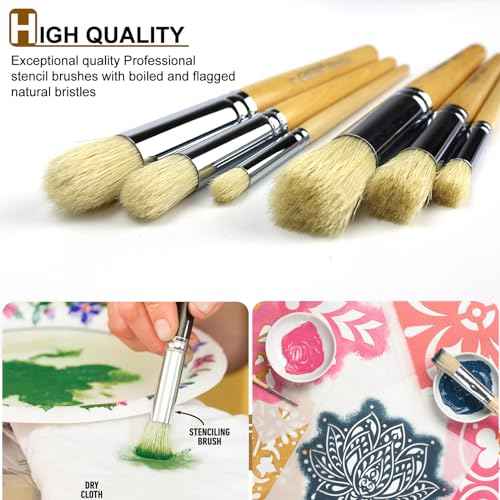Wooden Stencil Brush Set, 6 Pieces Natural Hog Bristle Dome Stencil Brushes for Painting On Wood Wall, Stencil Projects, Card Making, DIY, Crafts and Acrylic Oil Watercolor Painting¡¦
