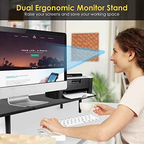 Dual-Monitor-Stand-Riser-For-Desk Adjustable Length 32-40 Inch£¬Large Desktop Computer Monitor Riser For 2 Screens£¬Desk Shelf Organizer Riser Stand For Computer/Laptop/PC/Printer/TV Black