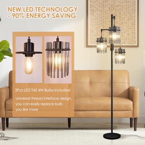 Industrial Floor Lamps for Living Room, Dimmable Floor Lamp Modern Standing Lamps with Glass Lampshade, Rotary Switch, LED Bulbs, Tall Lamps for Bedroom, Office (3 Lampshades(66inch))