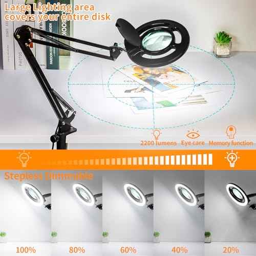 HITTI 10X Long Magnifying Glass with Light and Stand, 2200 Lumens Dimmable Bright LED Lighted Magnifier, Ajustable Swing Arm Magnifying Desk Lamp with Clamp, Hands Free for Hobby Repair Workbench