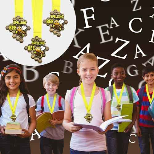 Zonon 12 Pcs Spelling Bee Medals Bulk Honeycomb Spelling Bee Award Medals with Neck Ribbon 3.23 x 3.15 Inches Spell Trophy for Back to School Competitions Party Supplies Winner Gifts