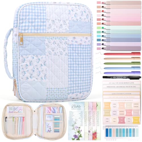 Blue Patchwork Bible Cover Case for Women with Study Supplies - XKDOUS