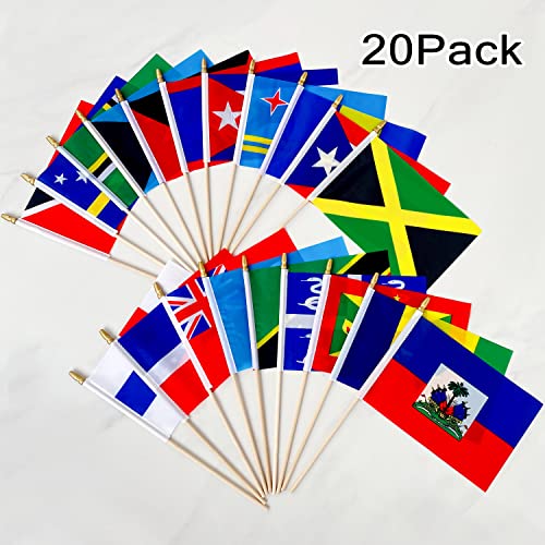 Caribbean Flags on 8.2x5.5 Inch Wooden Stick - 20 Pack, Vivid Caribbean Party Decorations