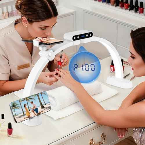 KIRKAS Foldable Half Moon Lamp with Display Screen, 24in Esthetician Light 3 Color Modes(3000K-6500K) 10 Brightness Levels, Nail Light for Desk with Phone Holder for Manicure Beauty Handicraft Reading